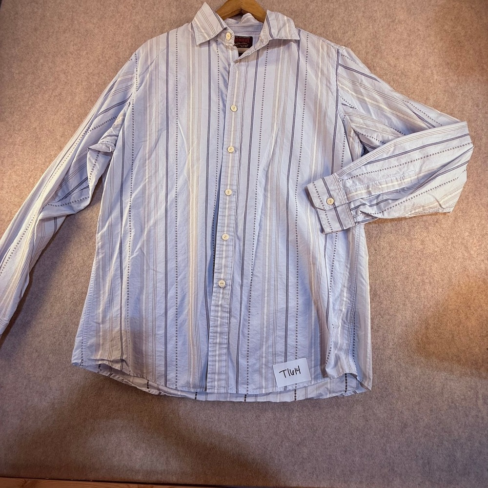 Cremieux Mens Large Blue Striped Embroidered LS Button Down Cotton Shirt